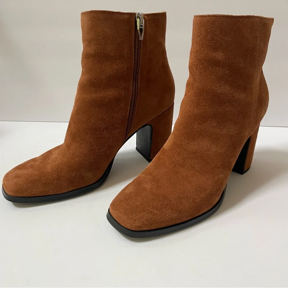 Dolce Vita Brown Cushioned Fiola Square Toe Block Heel Leather Booties Size 7.5